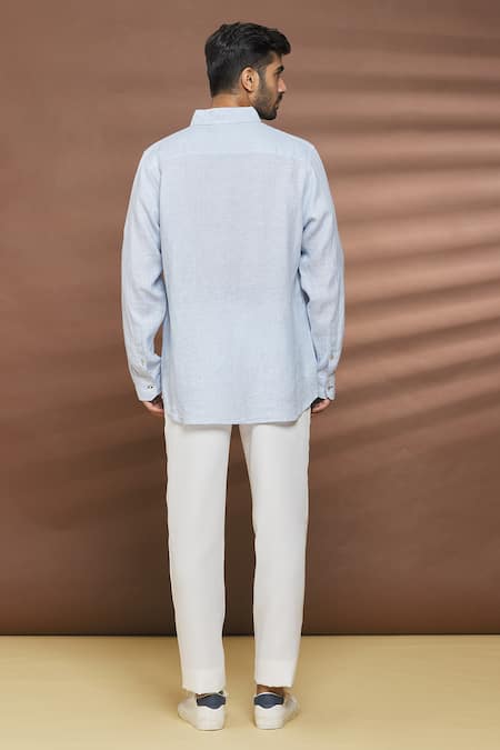 Shop Linen Bloom Blue 100% Linen Thread Work Bird Motif Embroidered Shirt at Aza Fashions Shop_Linen Bloom_Blue 100% Linen Thread Work Bird Motif Embroidered Shirt _at_Aza_Fashions