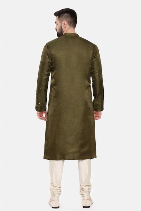 Shop Mayank Modi - Men Green Silk, Cotton Mirrors Geometric Embroidered Kurta Set at Aza Fashions Shop_Mayank Modi - Men_Green Silk, Cotton Mirrors Geometric Embroidered Kurta Set _at_Aza_Fashions