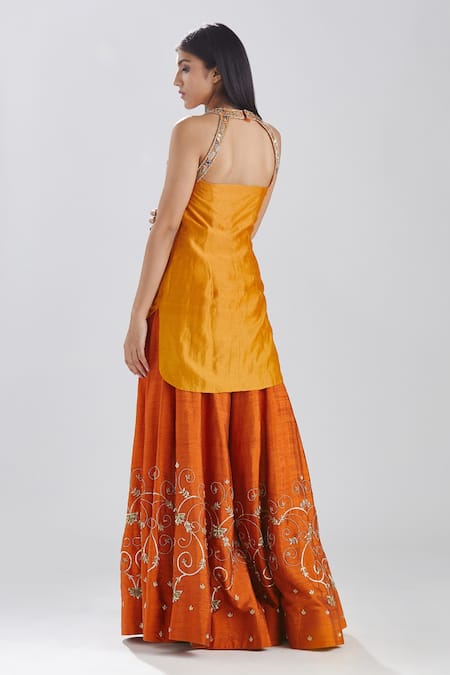 Shop Megha Bansal Orange Raw , Chanderi Zardozi Work Gerua Inya Kurta And Sharara Set at Aza Fashions Shop_Megha Bansal_Orange Raw , Chanderi Zardozi Work Gerua Inya Kurta And Sharara Set _at_Aza_Fashions