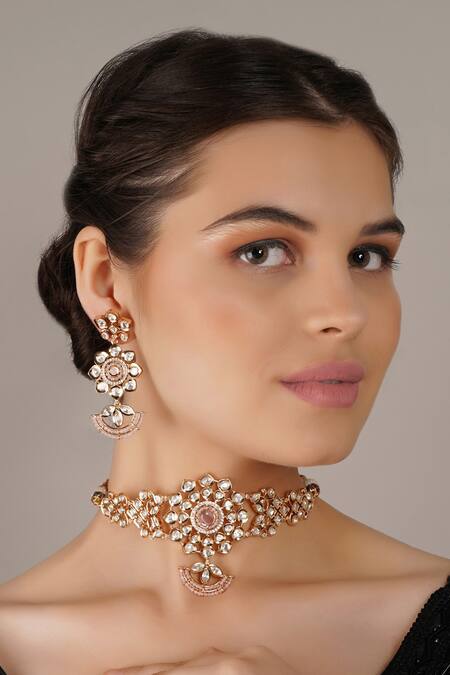 ChhavI'S Jewels_Pink Diamonds, Stones Floral Cut Work Choker Necklace Set_Online_at_Aza_Fashions
