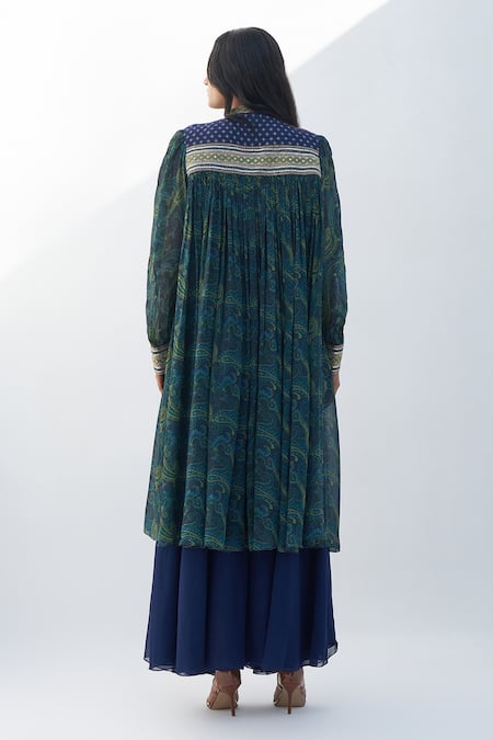 Shop Nadima Saqib Blue Georgette Mirrors, Embroidery Collared Paisley Print Kurta at Aza Fashions Shop_Nadima Saqib_Blue Georgette Mirrors, Embroidery Collared Paisley Print Kurta _at_Aza_Fashions