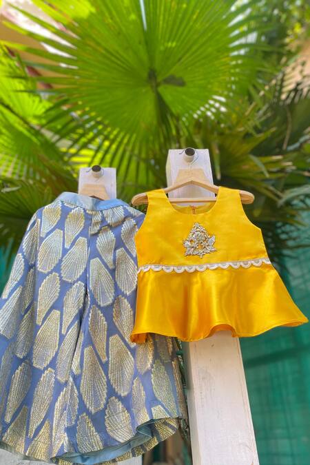 Shop Tiny Pants Gold Georgette, Satin Embroidery, Zari Top With Jacquard Shell Pattern Sharara at Aza Fashions Shop_Tiny Pants_Gold Georgette, Satin Embroidery, Zari Top With Jacquard Shell Pattern Sharara_at_Aza_Fashions