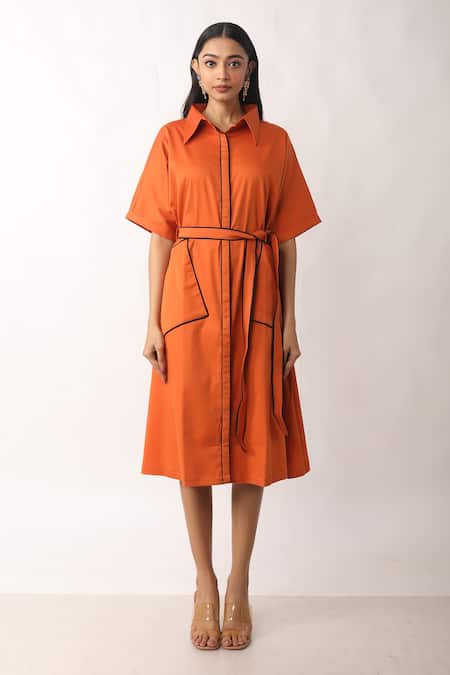 Shop Veera Wear Orange Cotton Collared Midi Dress at Aza Fashions Shop_Veera Wear_Orange Cotton Collared Midi Dress _at_Aza_Fashions
