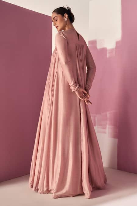 Shop Ridhi Mehra Pink Anarkali Fine Silk Jaajim Long With Ruffle Hem Dupatta at Aza Fashions Shop_Ridhi Mehra_Pink Anarkali Fine Silk Jaajim Long With Ruffle Hem Dupatta _at_Aza_Fashions