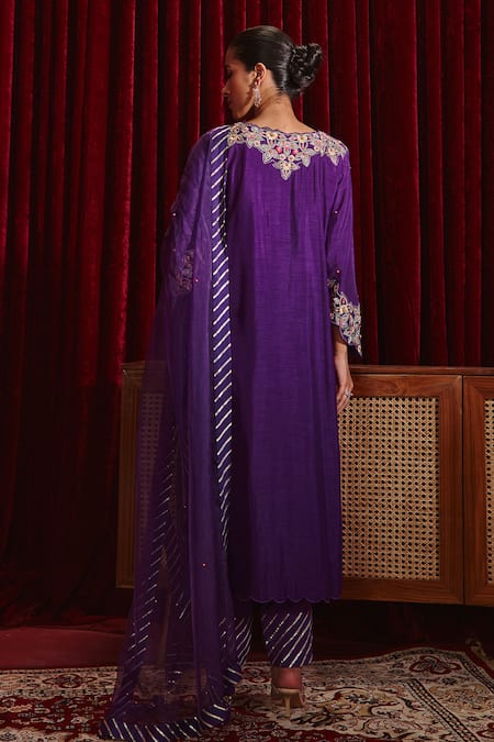 Shop_Ajiesh Oberoi_Purple Silk, Organza Embroidery Round Neck Riwaaz Floral Kurta Pant Set _at_Aza_Fashions