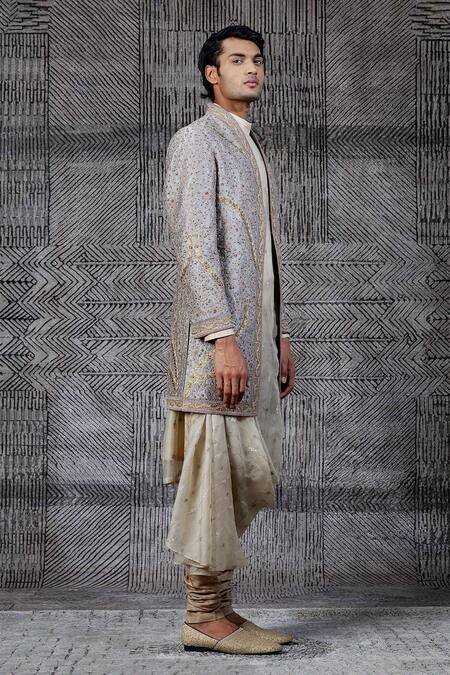 Shantnu Nikhil_Grey Sherwani Raw Silk And Draped Kurta Set _Online_at_Aza_Fashions