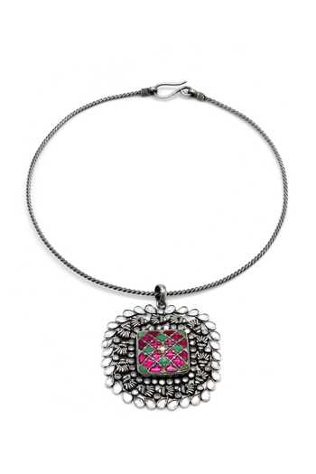 Shop Sangeeta Boochra Silver Plated Zara Kundan Embellished Necklace at Aza Fashions Shop_Sangeeta Boochra_Silver Plated Zara Kundan Embellished Necklace _at_Aza_Fashions