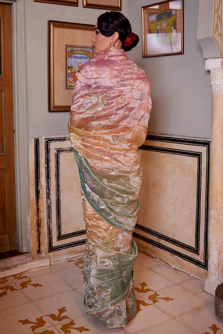 Shop Atelier Shikaarbagh Yellow Tissue, Brocade Zari Ombre Saree at Aza Fashions Shop_Atelier Shikaarbagh_Yellow Tissue, Brocade Zari Ombre Saree _at_Aza_Fashions