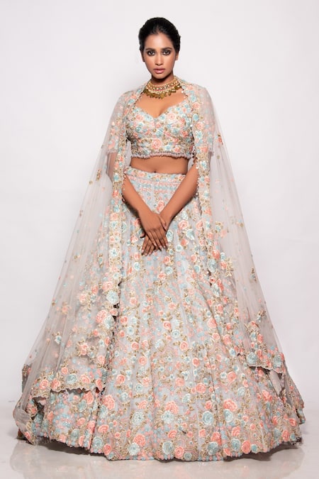 Pallavi Poddar Powder Blue Embroidered Bridal Lehenga Set 