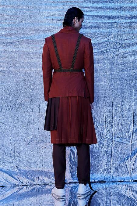 Shop_Line Out Line_Red Cotton Plain Single Breasted Harness Blazer_at_Aza_Fashions