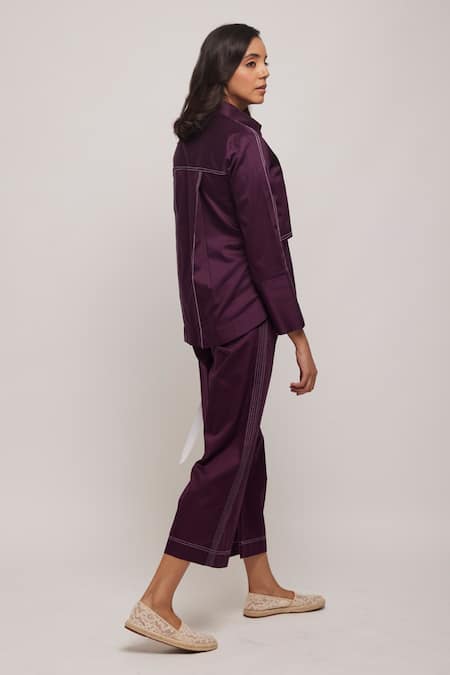 Shop Escape By Aishwarya Purple Cotton Satin Embroidery Collared Diagonal Overlay Shirt at Aza Fashions Shop_Escape By Aishwarya_Purple Cotton Satin Embroidery Collared Diagonal Overlay Shirt _at_Aza_Fashions