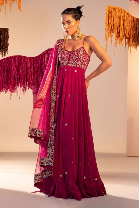 Shop Silky Bindra Purple Satin, Georgette Embroidery, Floral Bodice Anarkali With Dupatta at Aza Fashions Shop_Silky Bindra_Purple Satin, Georgette Embroidery, Floral Bodice Anarkali With Dupatta _at_Aza_Fashions