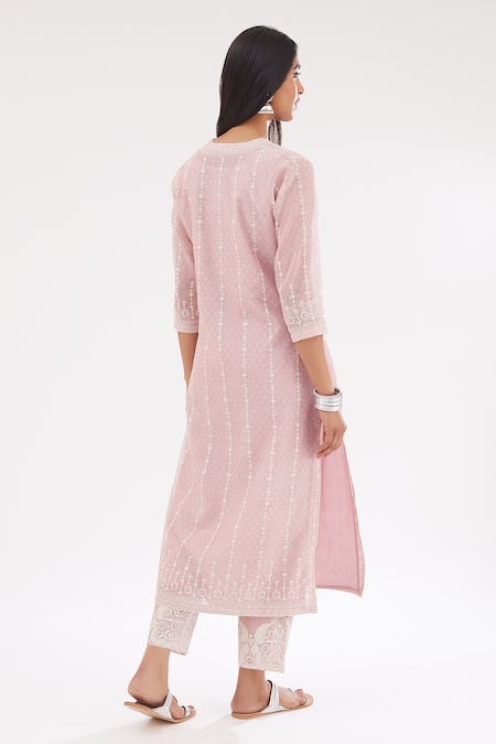 Shop Kora Pink Cotton, Chanderi Sequins, Hand Block Print Straight Kurta Pant Set at Aza Fashions Shop_Kora_Pink Cotton, Chanderi Sequins, Hand Block Print Straight Kurta Pant Set _at_Aza_Fashions