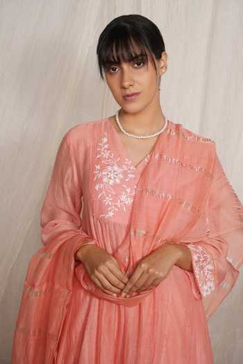 Pants And Pajamas Candy Stick Peach Chikankari Kurta Pant & Dupatta - Set of 3 