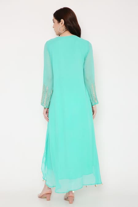 Shop Bha Sha Blue Georgette, Silk Satin Sequins, Shama Asymmetric Tunic And Dhoti Pant Set at Aza Fashions Shop_Bha Sha_Blue Georgette, Silk Satin Sequins, Shama Asymmetric Tunic And Dhoti Pant Set _at_Aza_Fashions