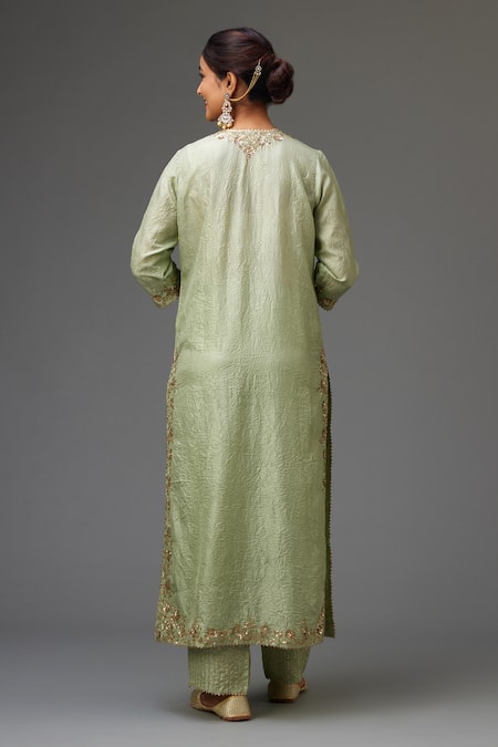 Shop Kora Green , Organza Embroidery, Sequins, Zari Neckline Kurta Pant Set at Aza Fashions Shop_Kora_Green , Organza Embroidery, Sequins, Zari Neckline Kurta Pant Set _at_Aza_Fashions