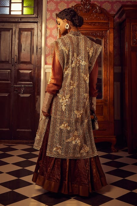 Shop_Etasha By Asha Jain_Brown Silk, Cotton, Tissue Embroidery, Sequins Crochet Jacket And Sharara Set _at_Aza_Fashions