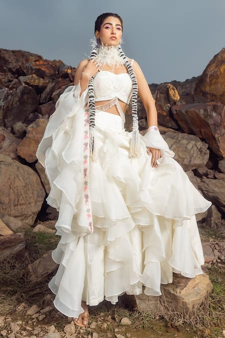 Shop Akanksha Mago Ivory Organza Pearls, Embroidery Sweetheart Neck Bustier Pant Set at Aza Fashions Shop_Akanksha Mago_Ivory Organza Pearls, Embroidery Sweetheart Neck Bustier Pant Set _at_Aza_Fashions