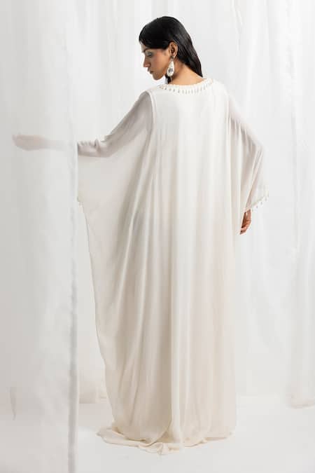 Shop_Seema Thukral_Ivory Chiffon, Satin Embroidery V-neck Placement Hand Kaftan _at_Aza_Fashions