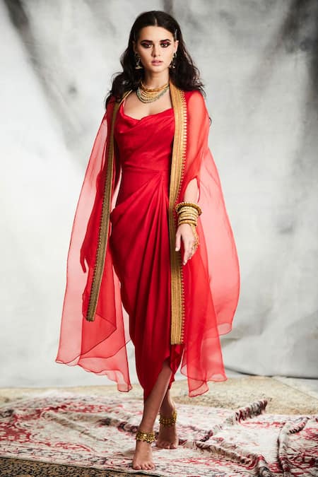 Shop_Tisha Saksena_Red Silk, Organza Zari Scoop , Open Boteh Draped Dress With Cape_at_Aza_Fashions