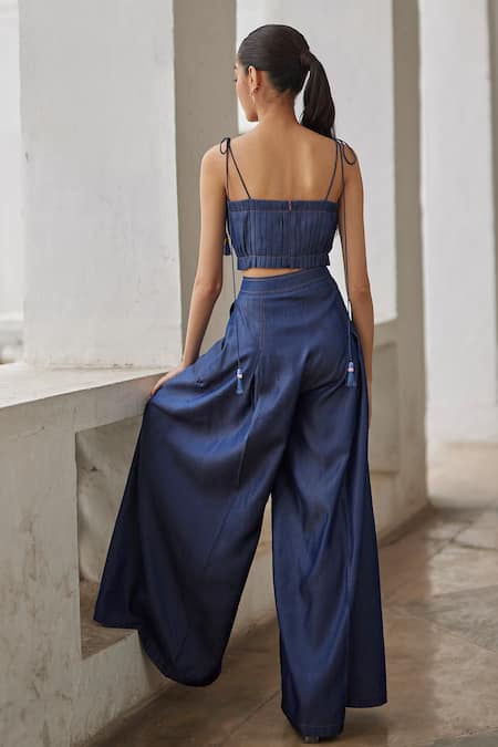 Shop_Betrue_Blue Denim, Tencel Tassels Square Neck Pleated Bustier _at_Aza_Fashions