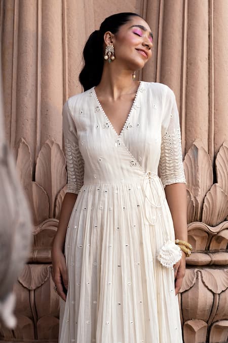 Shop Preevin Off White Cotton, Tulle, Net Embroidery, Lace Angrakha Anarkali With Dupatta at Aza Fashions Shop_Preevin_Off White Cotton, Tulle, Net Embroidery, Lace Angrakha Anarkali With Dupatta_at_Aza_Fashions