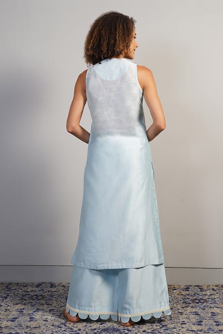 Shop Samant Chauhan Blue Cotton Silk Embroidered Aari V Neck Kurta Set at Aza Fashions Shop_Samant Chauhan_Blue Cotton Silk Embroidered Aari V Neck Kurta Set _at_Aza_Fashions