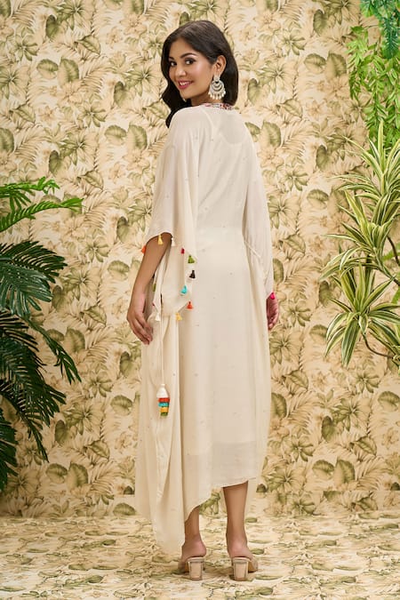 Shop Aariyana Couture Off White Modal, Cotton Tassels V-neck Thread And Pearl Work Kaftan at Aza Fashions Shop_Aariyana Couture_Off White Modal, Cotton Tassels V-neck Thread And Pearl Work Kaftan _at_Aza_Fashions