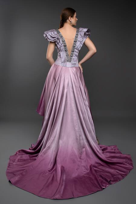 Shop_Anjum Qureshi_Pink Satin Hand Embroidered Beads Plunge Neck Asymmetrical Gown _at_Aza_Fashions