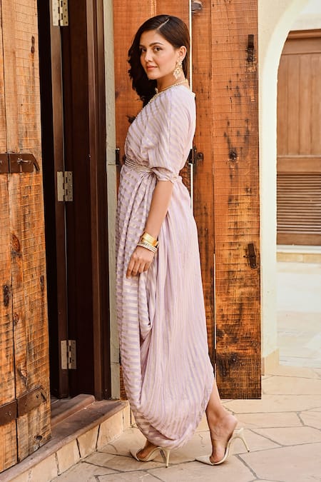 Palak & Mehak Ziva Stripe Pattern Dress With Belt 