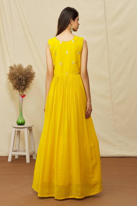 Shop Khwaab By Sanjana Lakhani Yellow Georgette Embroidered Aari Blunt V And Sequin Work Anarkali Set at Aza Fashions Shop_Khwaab By Sanjana Lakhani_Yellow Georgette Embroidered Aari Blunt V And Sequin Work Anarkali Set _at_Aza_Fashions