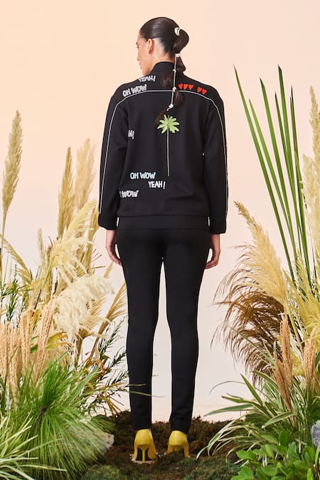 Shop Shahin Mannan Black Jersey Sequin And Beads, Thread Collared Neck Holiday Bomber Jacket at Aza Fashions Shop_Shahin Mannan_Black Jersey Sequin And Beads, Thread Collared Neck Holiday Bomber Jacket_at_Aza_Fashions