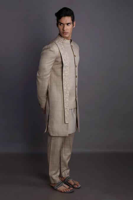 Shop_Gram Of Ink_Beige Jacket And Pant- Matka & Kurta - Katan Collar Panelled Set_at_Aza_Fashions