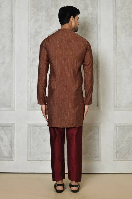 Shop Samyukta Singhania Brown Cotton Silk Printed Stripe Mandarin Collar Kurta at Aza Fashions Shop_Samyukta Singhania_Brown Cotton Silk Printed Stripe Mandarin Collar Kurta_at_Aza_Fashions