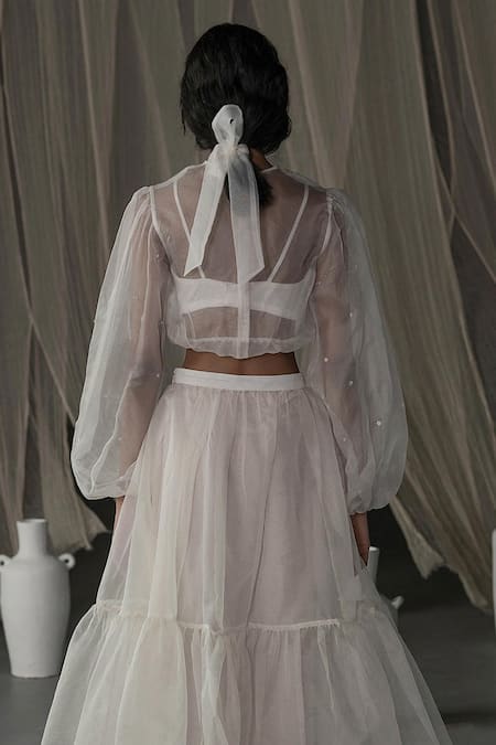 Shop_Zoon_Off White Silk Organza Embroidery Round Neck Placement Crop Top _at_Aza_Fashions