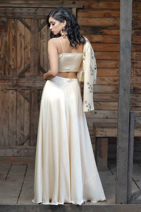 Shop Ahi Clothing Cream Silk Satin Lining Shantoon Floral Block Print, Cropped And Lehenga Set at Aza Fashions Shop_Ahi Clothing_Cream Silk Satin Lining Shantoon Floral Block Print, Cropped And Lehenga Set _at_Aza_Fashions