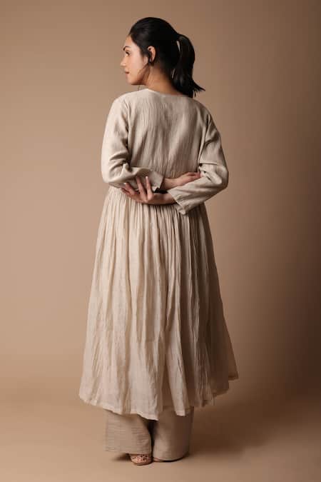 Shop_Rhua_Beige Chanderi, Cotton Satin, Nitya Mukaish Embroidered Anarkali And Pant Set _at_Aza_Fashions