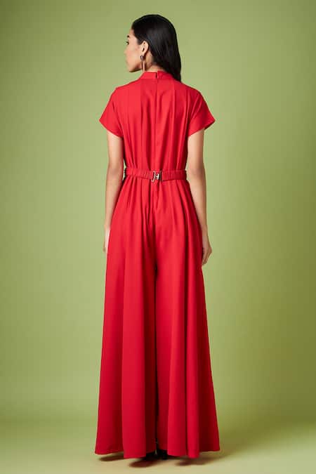 Shop_Aakaar_Red Modal Crystals Mandarin Collar Martha Flared Jumpsuit With Belt _at_Aza_Fashions