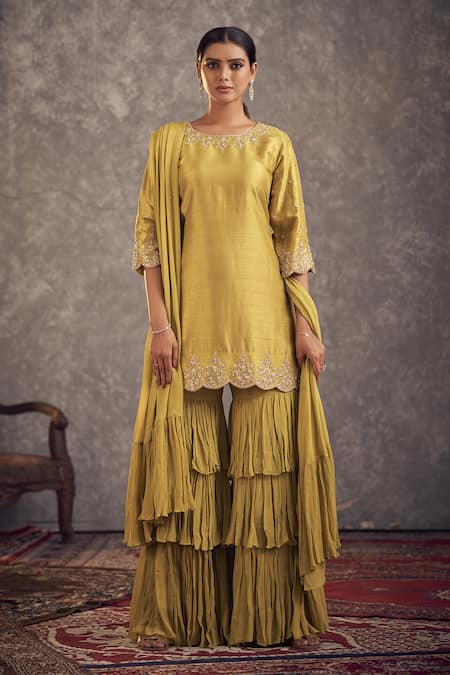 Shop Hirika & Dhruti Green Silk, Georgette, Crepe Embroidery Floral Kurta And Layered Gharara Set at Aza Fashions Shop_Hirika & Dhruti_Green Silk, Georgette, Crepe Embroidery Floral Kurta And Layered Gharara Set _at_Aza_Fashions
