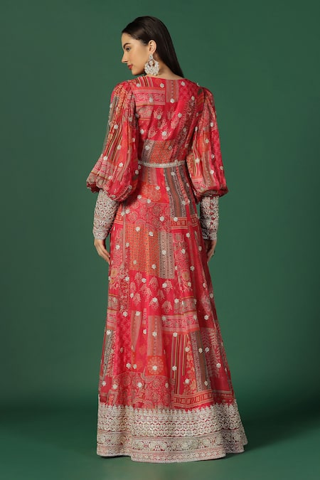 Shop Two Sisters By Gyans Pink Chiffon Embroidery V-neck Gota Border Anarkali at Aza Fashions Shop_Two Sisters By Gyans_Pink Chiffon Embroidery V-neck Gota Border Anarkali _at_Aza_Fashions