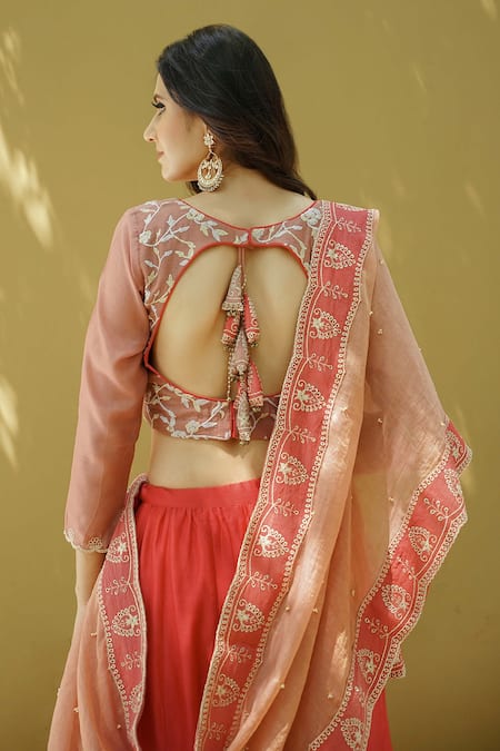 Shop_Naaz By Noor_Pink Cotton, Organza, Chanderi Flower Embroidery V Schiffli Hem Sharara Set _at_Aza_Fashions