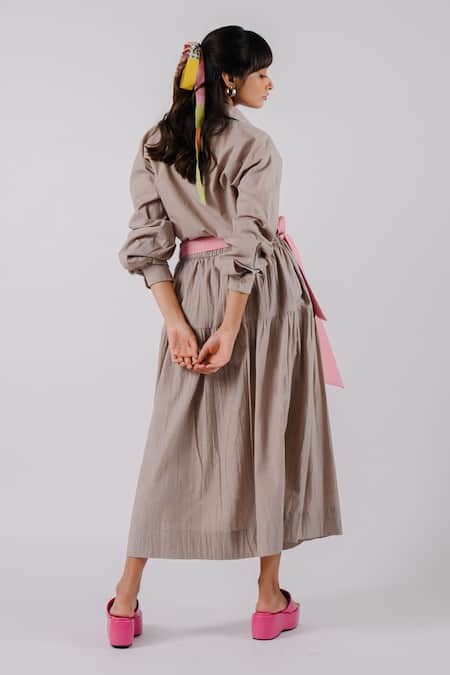 Shop_Tussah by Siddhi Shah_Grey Cotton Collared Shirt And Tiered Skirt Set _at_Aza_Fashions