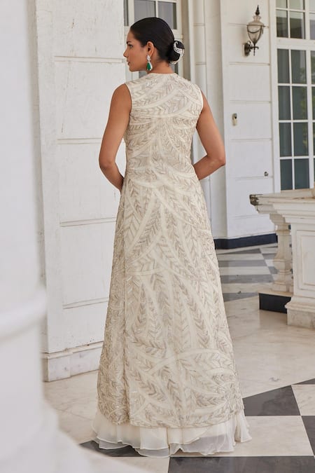 Charu And Vasundhara Surraya Leaf Embroidered Jacket & Skirt Set 