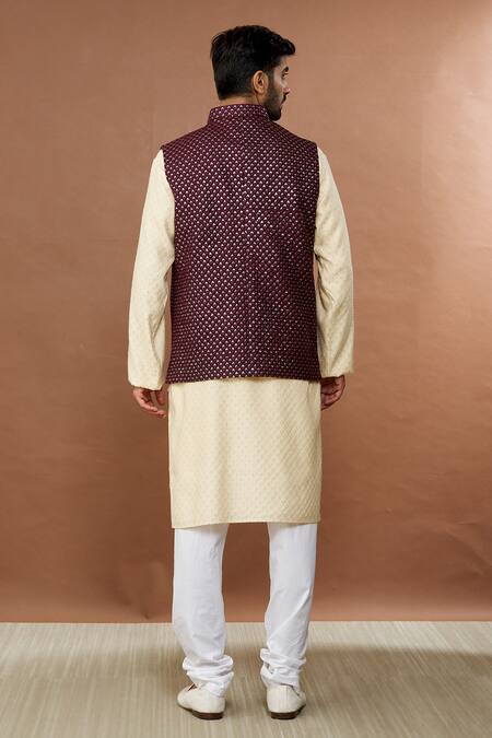 Aham-Vayam Dark Wine Sequin Embellished Nehru Jacket 