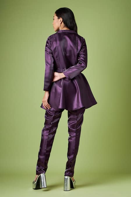 Shop Aakaar Purple Crystals Collared Metallic Peplum Top Pant Set With Belt at Aza Fashions Shop_Aakaar_Purple Crystals Collared Metallic Peplum Top Pant Set With Belt _at_Aza_Fashions