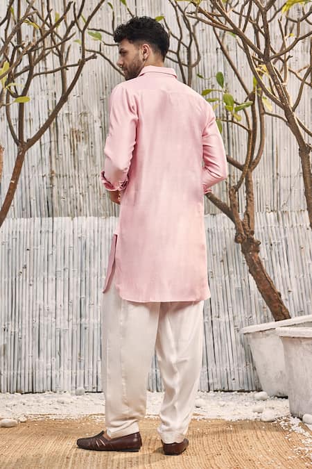 Shop_Charkhee_Pink Kurta  Dobby Cotton Solid Mandarin Collar Pathani And Salwar Set _at_Aza_Fashions
