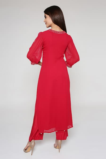 Shop Bha Sha Pink Georgette, Silk, Net Pearls Turtle Niesha Embroidered Long Kurta Pant Set at Aza Fashions Shop_Bha Sha_Pink Georgette, Silk, Net Pearls Turtle Niesha Embroidered Long Kurta Pant Set _at_Aza_Fashions