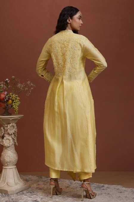 Shop Neha Poddar Yellow Chanderi, Silk Beads V-neck Flower Embellished Kurta And Pant Set at Aza Fashions Shop_Neha Poddar_Yellow Chanderi, Silk Beads V-neck Flower Embellished Kurta And Pant Set _at_Aza_Fashions