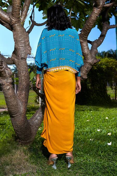 Shop Babita Malkani Yellow Crepe Embroidery Halter , Open Dress With Printed Jacket at Aza Fashions Shop_Babita Malkani_Yellow Crepe Embroidery Halter , Open Dress With Printed Jacket_at_Aza_Fashions