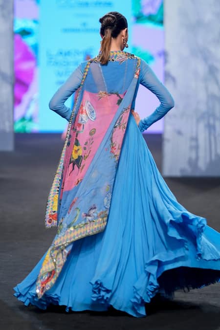 Shop Mahima Mahajan Blue Georgette, Organza, Satin Embroidery, Stripe Pattern Anarkali With Dupatta at Aza Fashions Shop_Mahima Mahajan_Blue Georgette, Organza, Satin Embroidery, Stripe Pattern Anarkali With Dupatta _at_Aza_Fashions